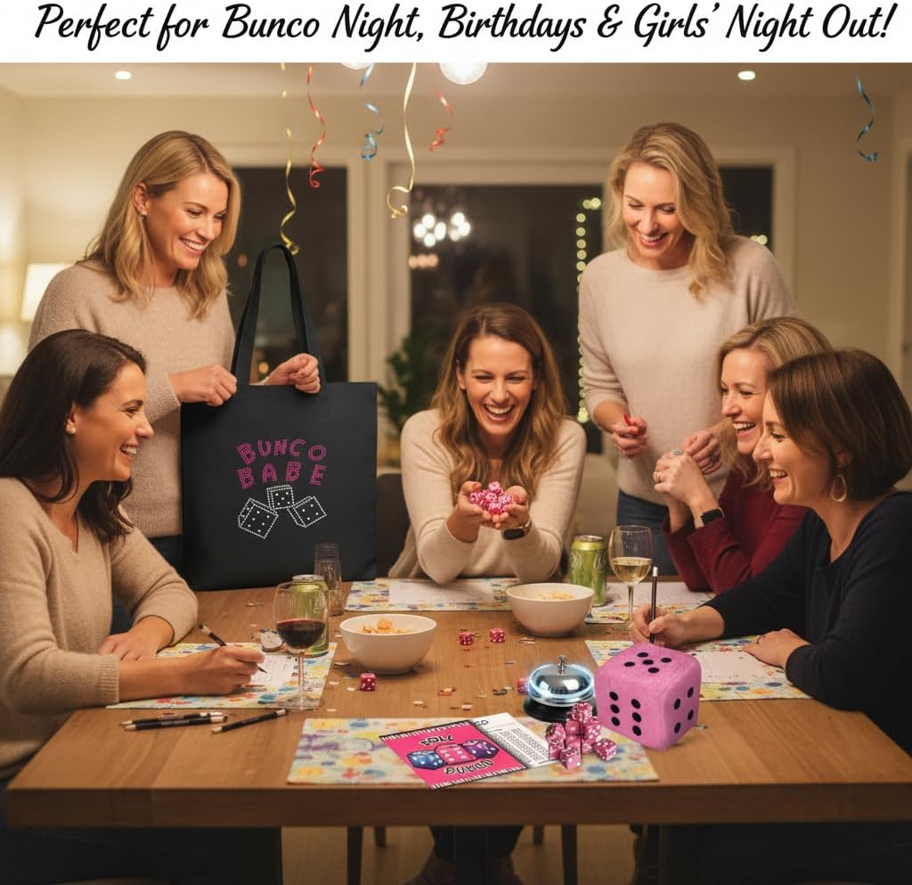 Bunco Babe Game Kit for 12 Players – All-in-One Bunco Party Supplies Starter Set with Tote Bag, Dice, Score Sheets, Pencils, Bell & Plush Die – Ready-to-Play Hostess Kit
