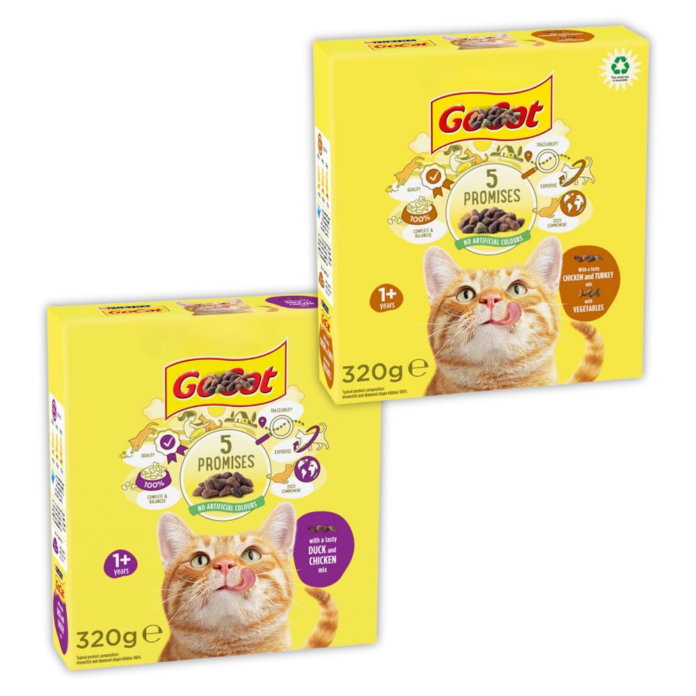 Dry Cat Food, Chicken & Turkey with Vegetables and Duck & Chicken Mix – Bundle of 2 x 320g (Total 640g), Complete & Balanced, No Artificial Colours