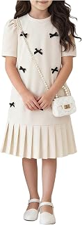 Verdusa Girl's Dresses Short Sleeve Pleated Bow Cute Dress | Teen Girl Clothes, Kid Dress, Girls Dresses Size 10-12,Girls Pink Dress, Kid Clothes