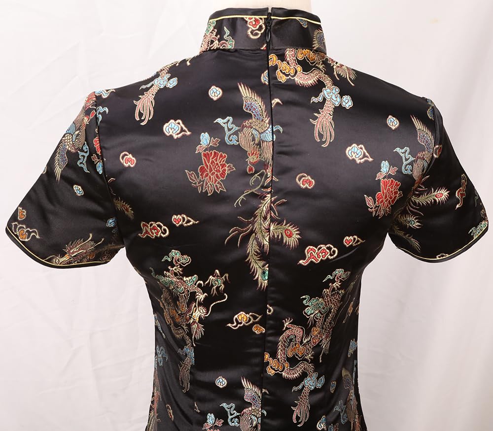 Abito da donna Cheongsam aderente collo alla coreana manica corta slim fit spacco laterale stampa floreale drago mini Qipao
