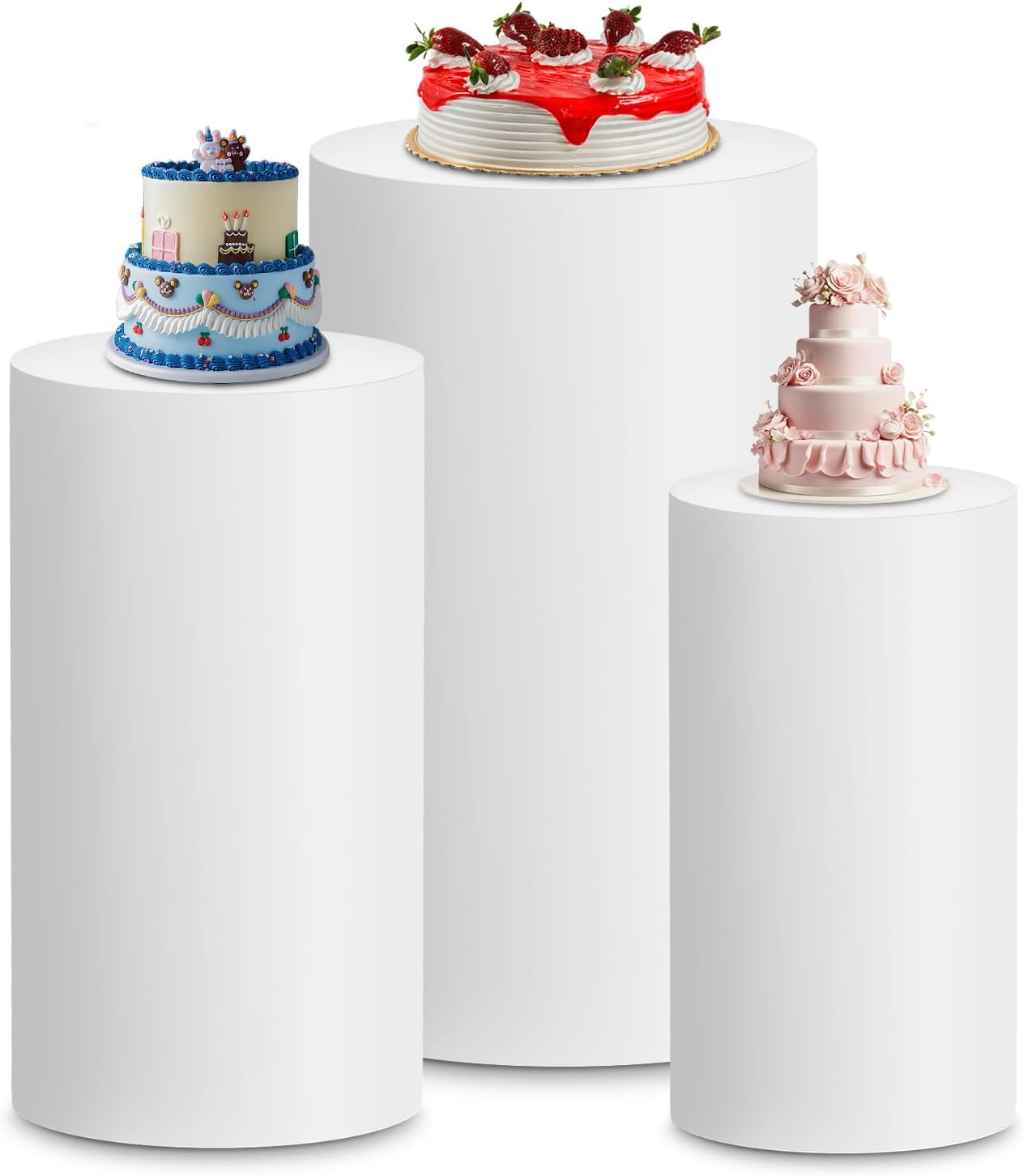 Cylinder Pedestal Covers, Set of 5 Spandex Display Cylinder Covers, Only Elastic Cloth Plinth Pillar Cover for Birthday Party Wedding Baby Shower Dessert Tables Decor(S+M+L+XL+XXL, White)