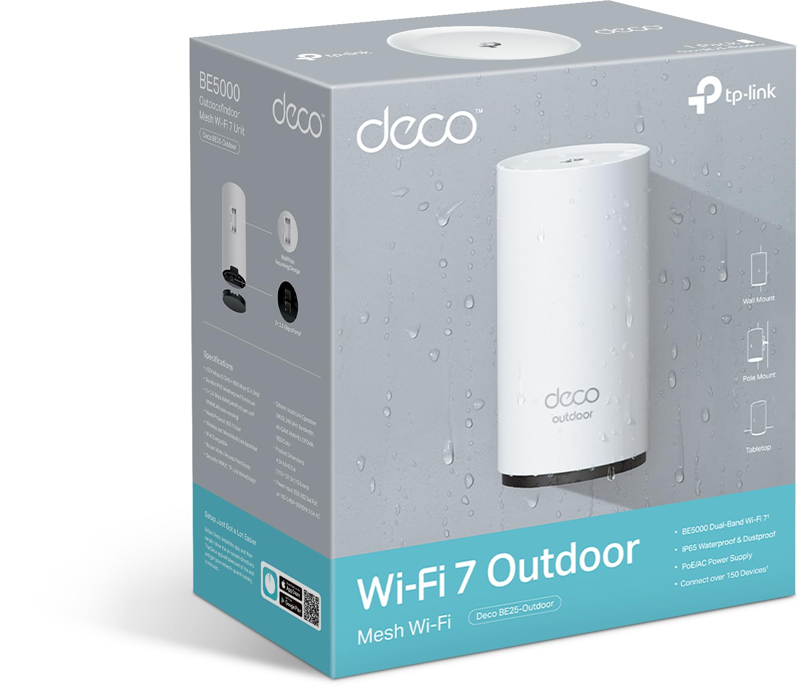 TP-Link Wi-Fi 7 Deco BE25-Outdoor Mesh WiFi BE3600Mbps, punkt dostępowy zewnętrzny, dwuzakresowy, 2 porty 2,5Gbps, IP65, 4 anteny wewnętrzne, odporność na kurz/wodę, montaż na słupie/ścianie