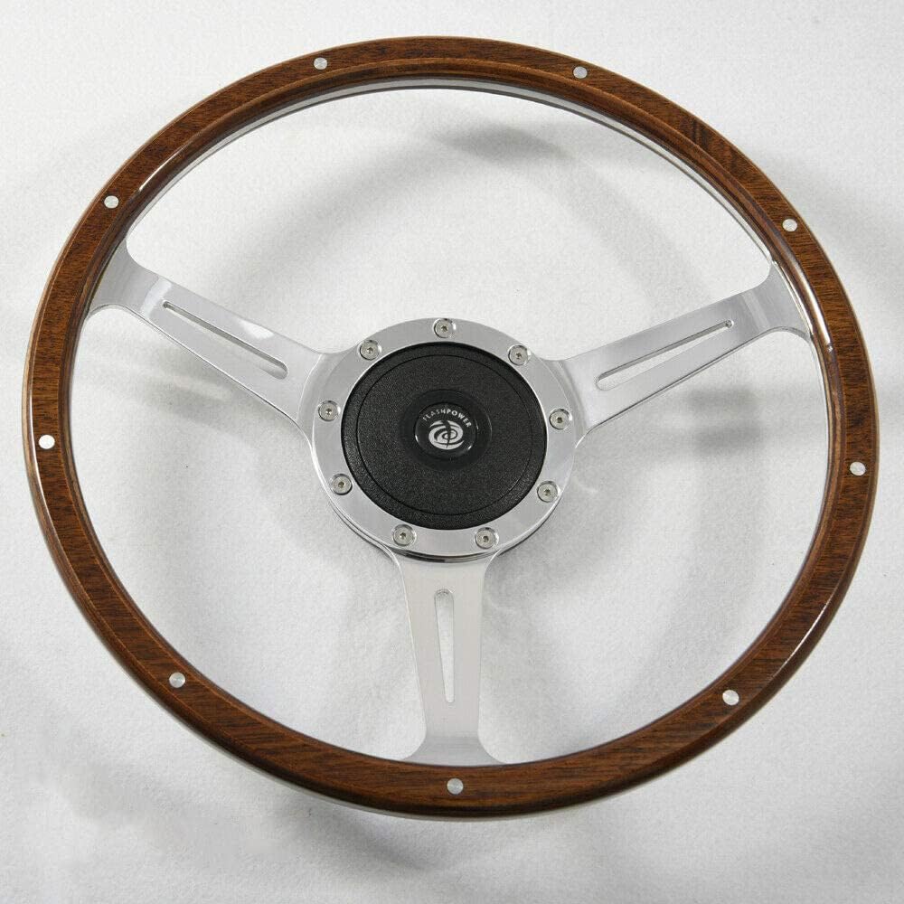 Flashpower 16" Classic 9 bolts wood grain steering wheel Polished 9 Riveted with Horn Button