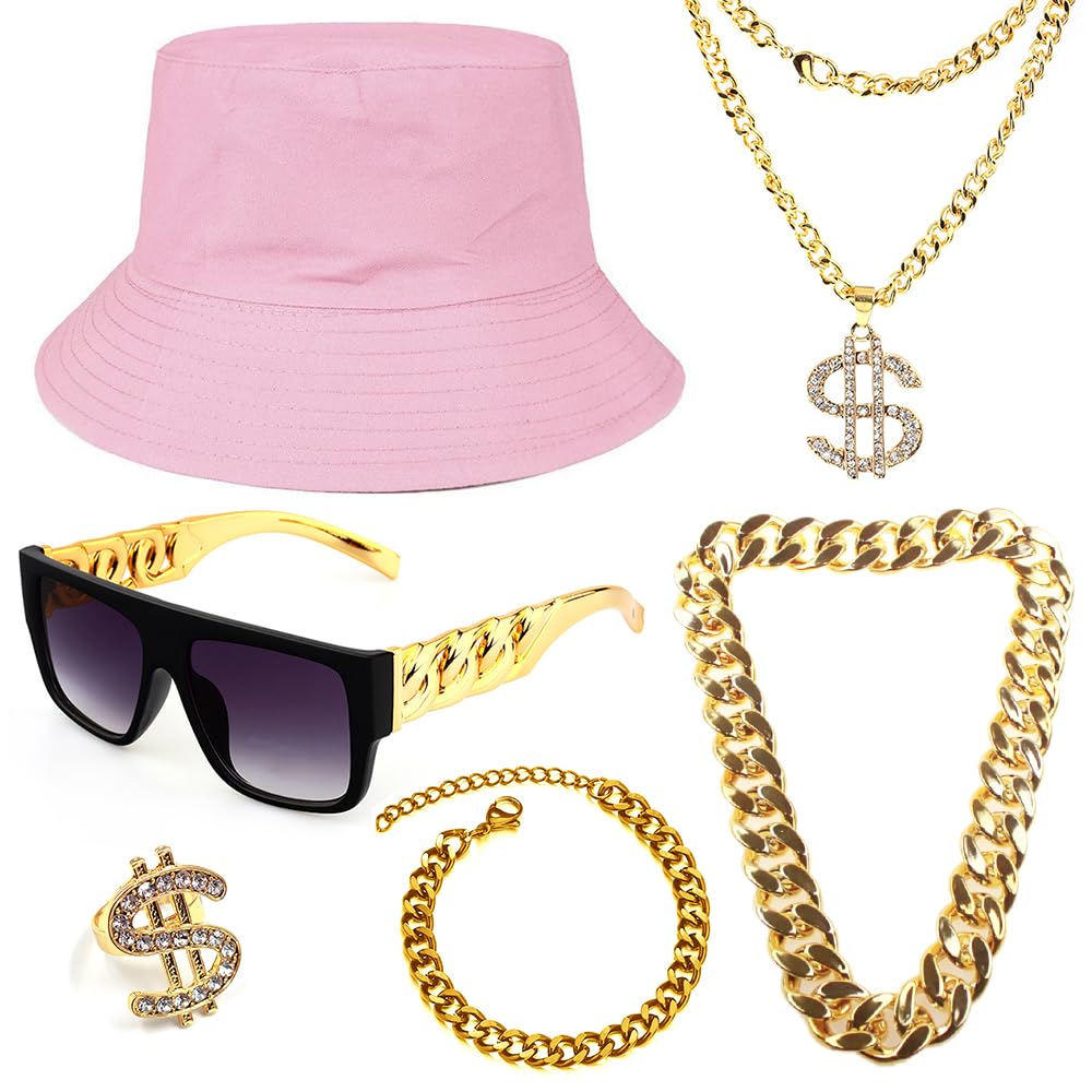 Gionforsy Hip Hop Costume Accessories Set Kit 6 Pieces with Bucket Hat Sunglasses Golden Chain Bracelet Ring, 80s 90s Rapper Accessories Set for Themed Party Halloween Carnival Fancy Dress (White)