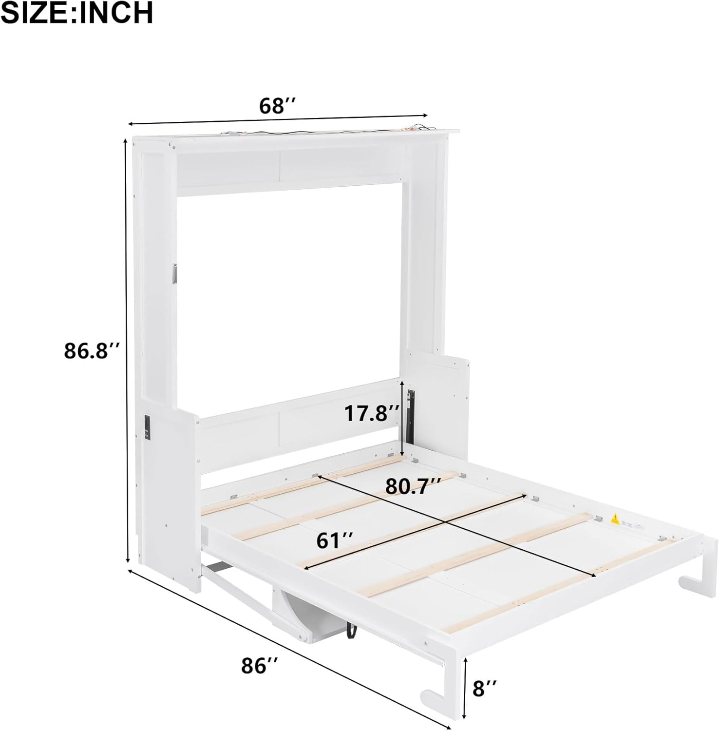 Detailed diagram showing the length, width, and height measurements of the Merax Murphy Bed in its unfolded state.