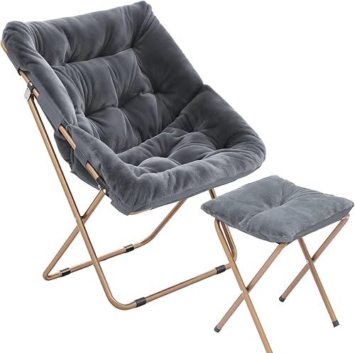 Miniatura 10 de Magshion Silla platillo plegable con otomana para adultos, cómodo asiento de lectura, asiento de piel sintética con marco de metal acolchado grueso