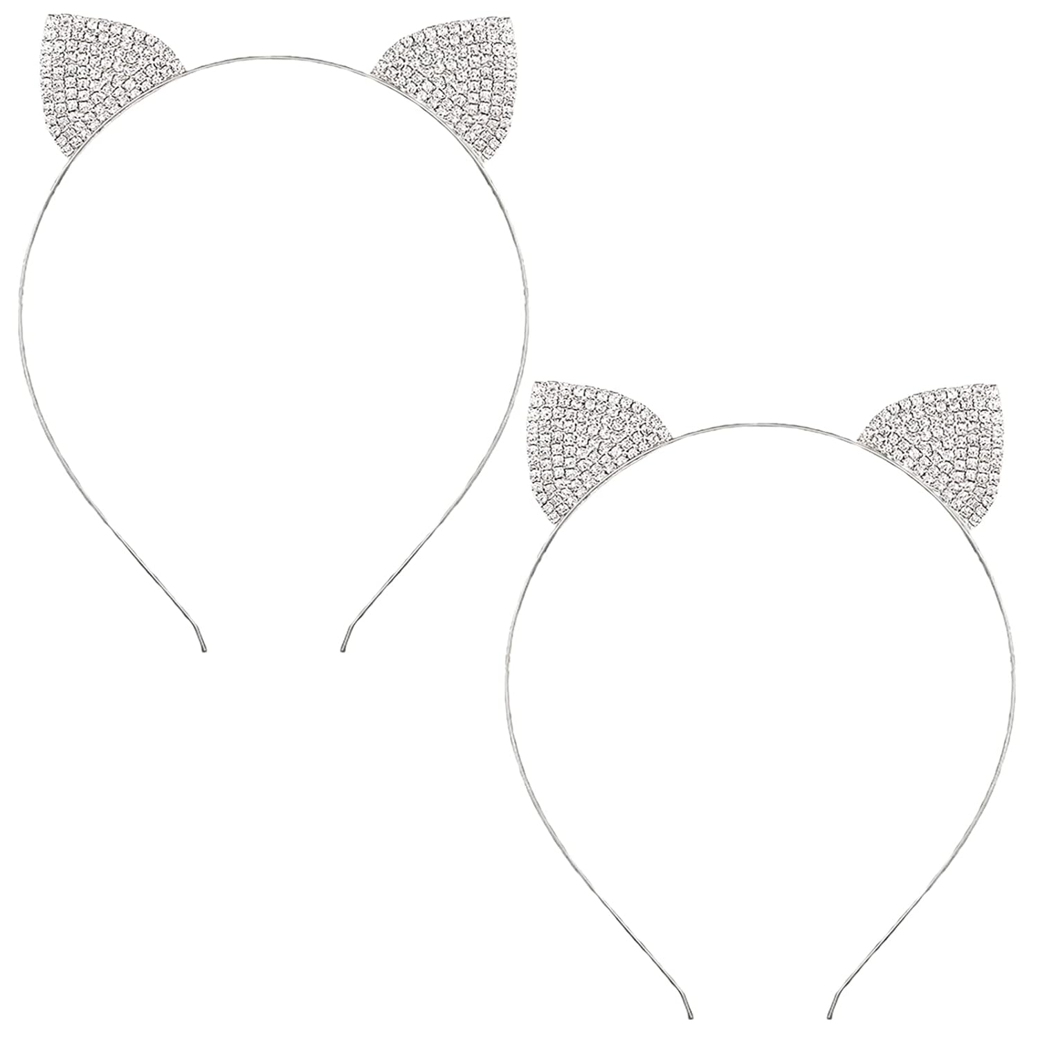 2 Pcs Halloween Cat Ears Headband Rhinestone Cat Hair Hoops Bands Headpiece Women Crystal Animal Hairband Christmas Festival Parade Masquerade Cosplay Dress Up Birthday Party Accessories Silver
