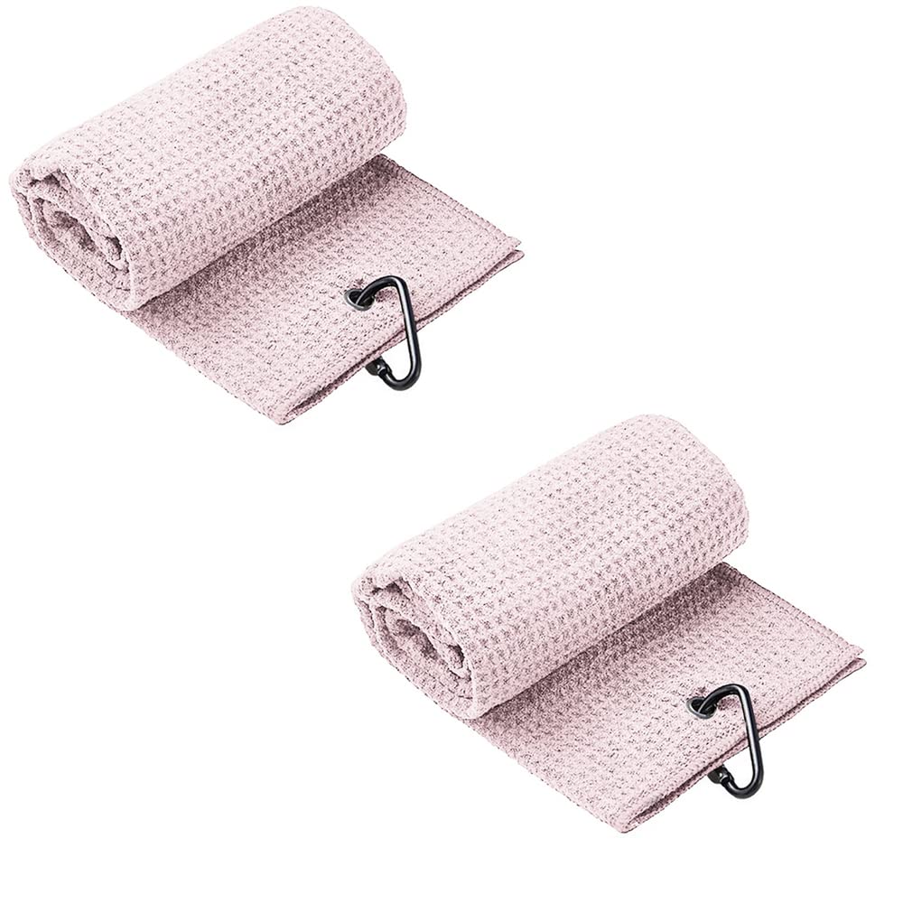 MAOGEAR2 Pack Golf Towel Waffle Pattern Cotton with Carabiner Cleaning Towels Microfiber Hook Cleans Clubs Balls Hands for Men Women (Pink)