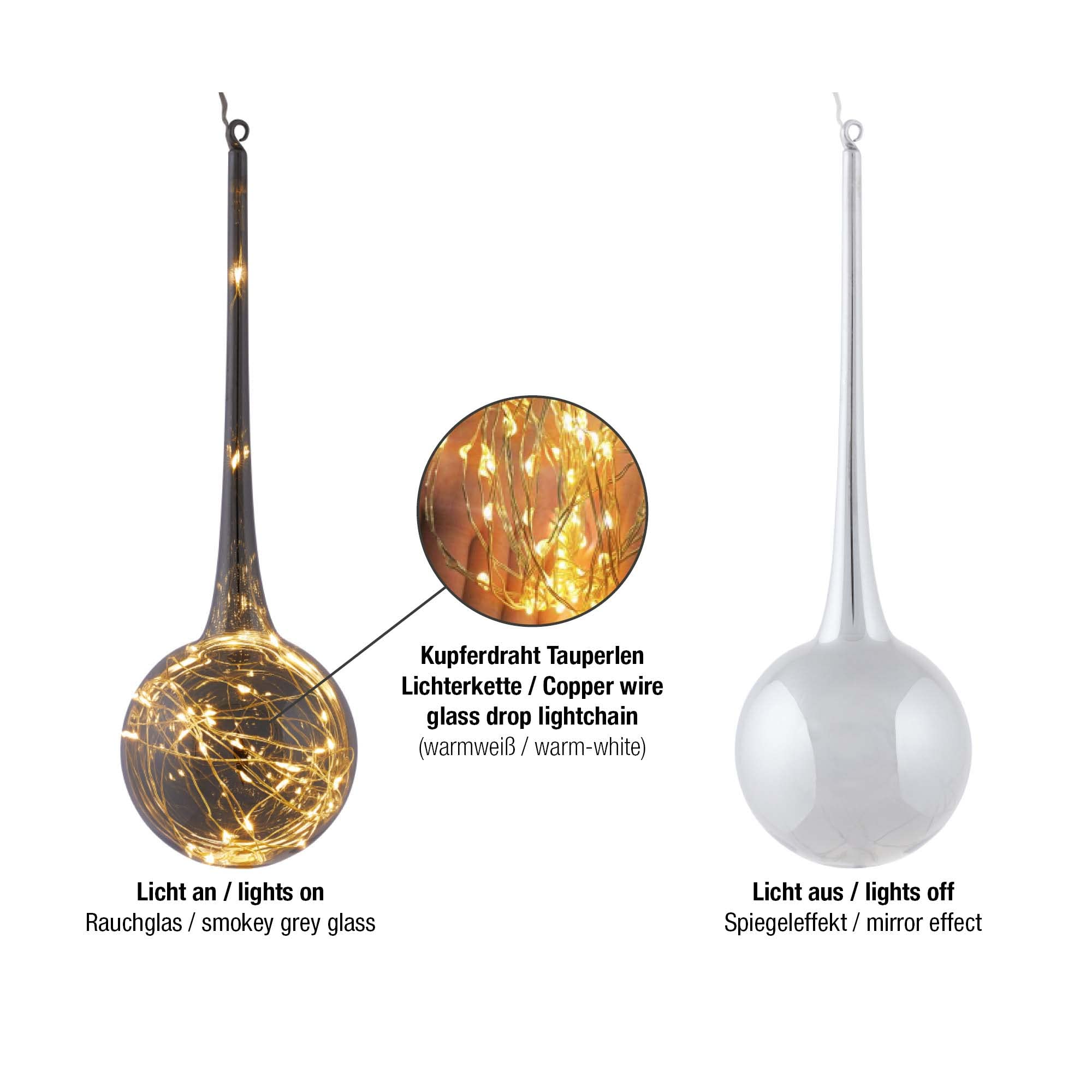 hellum LED Glaskugel hängend mit Lichterkette mit Timer und Fernbedienung, 3er set Glaskugel < 59lm, mit 3x30 warmweiße LED, rauchgraues Licht H40 ø13cm, 59 lm, Dekoration Licht, 578782 | Glaskugeln rauchgrau & Kupferdraht Tauperlen Licherkette 3x90 LED,