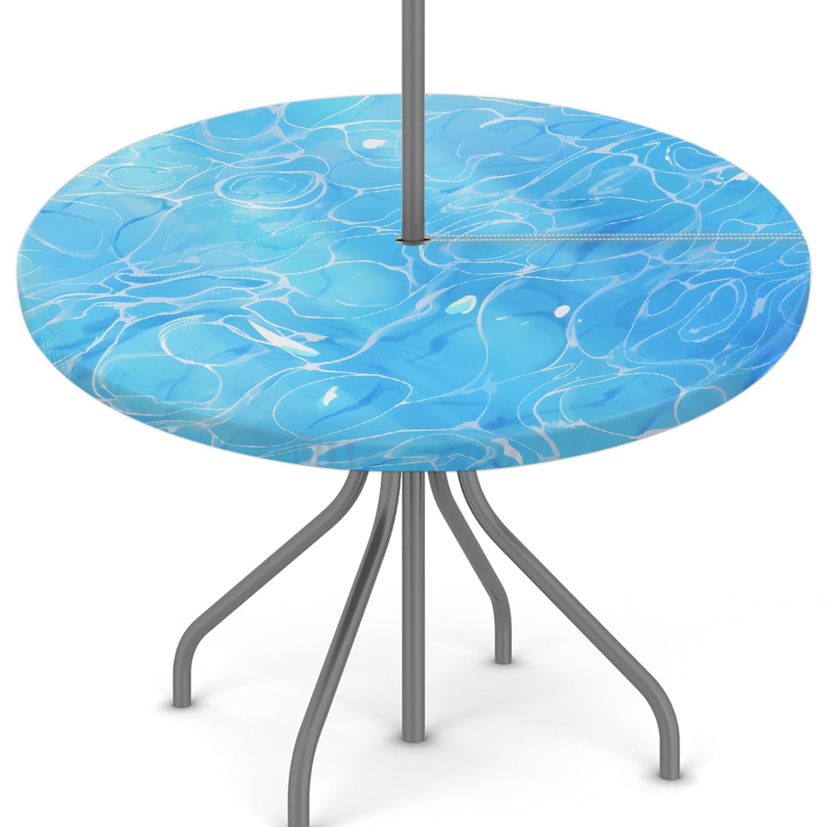 Mexpekil Blue Sea Water Round Tablecloth with Umbrella Hole and Zipper Wipeable Fitted Table Cover with Elastic Edge Waterproof Table Protector for Patio (fit for 45''-56'' table)