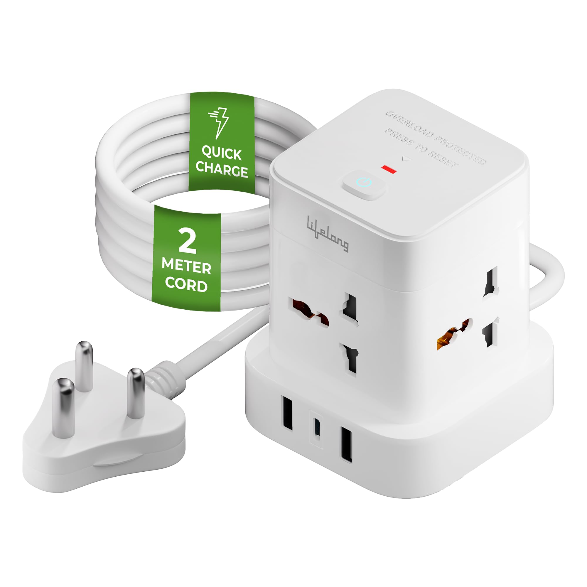 Lifelong Cube Plus Extension Board 7-in-1, 1500W with Fast Charging Multiport Station, 2 Type-A (QC 3.0),1 Type-C 20W PD Ports & 4 AC Sockets with Surge, Overload Protection, 2 Meter Cord