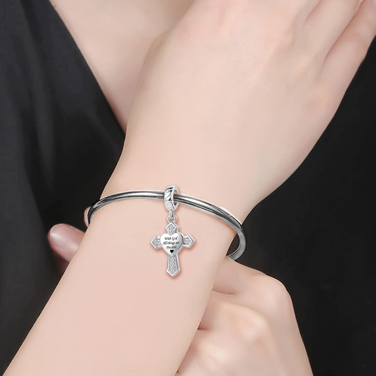 QeenseKc Cross Charm with God All Things are Possible Religious Dangle Bead Fits Pandora Bracelets