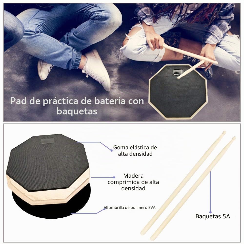 Pad Practica Bateria 8” Silencioso Drum Practice Pad de Doble Superficie con 2 Baquetas 5A de Madera Almohadilla de Practica Kit de Batería Pad de Estudio para Practicar Batería, Batir Tambor