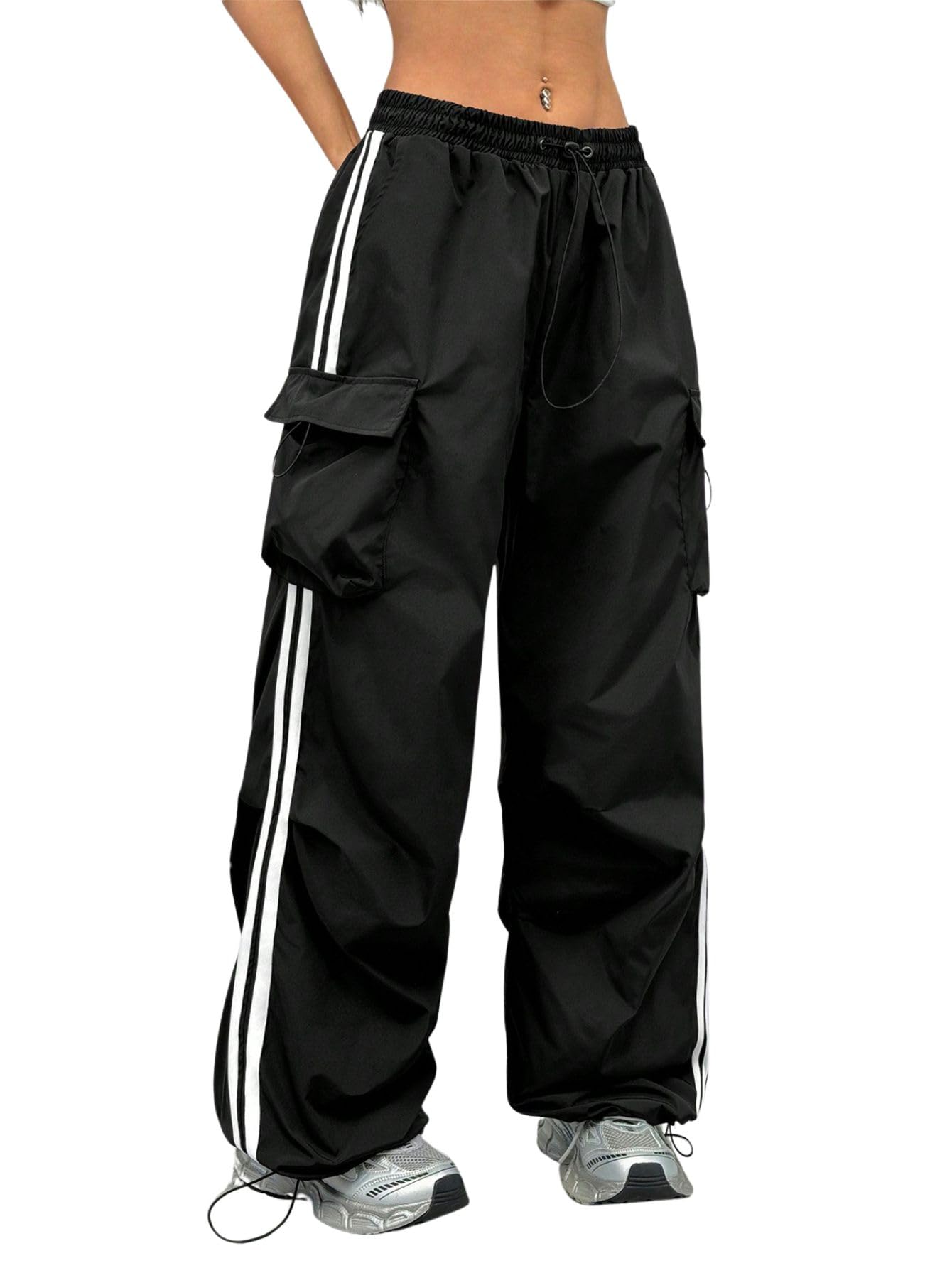 Verdusa Womens Striped Wide Leg Baggy Cargo Pants Drawstring Waist Workout Pants with Pockets