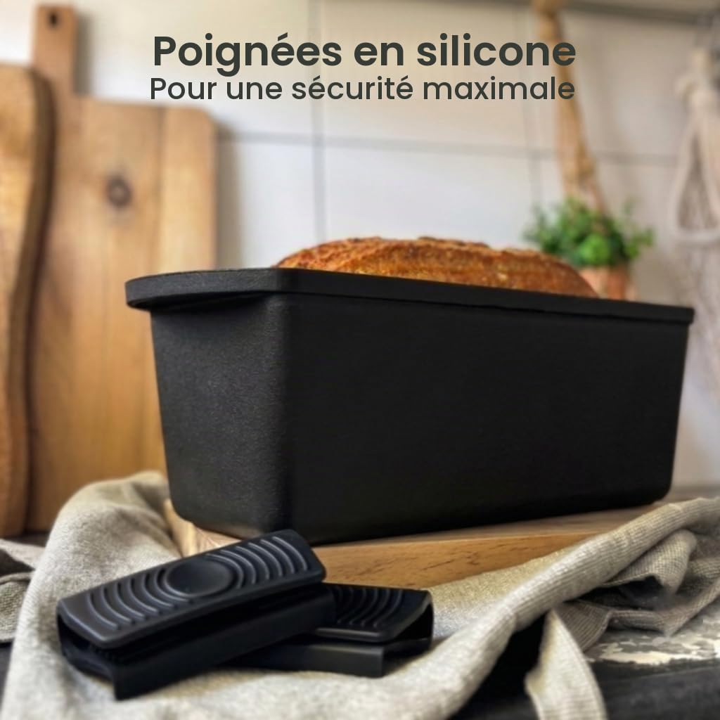 XENIA Moule à pain avec couvercle 28 cm – Avec poignées en silicone – Moule à pain en fonte pour pain et pâte à levre – 3 L Dutch Oven & rôtissoire rectangulaire – Convient pour induction et four