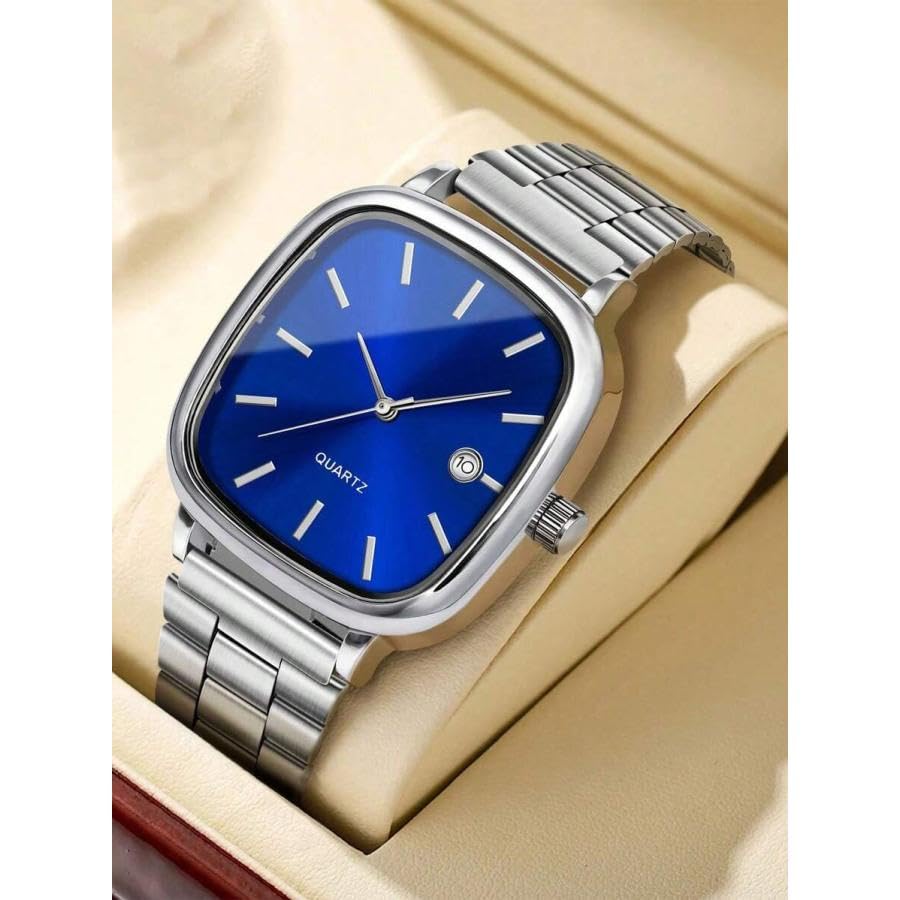 Image of Minimalist Men's Square Dial Watch with Date | Comfortable Stainless Steel Quartz Analog Wristwatch | Casual & Formal Timepiece