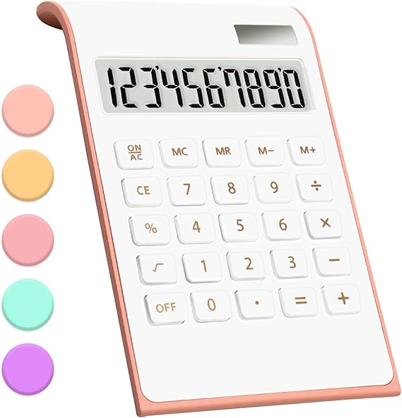 Rose Gold Office Calculator Accessories, 10 Digit Solar & Battery Powered Desktop Calculator with Large LCD Display, Pink