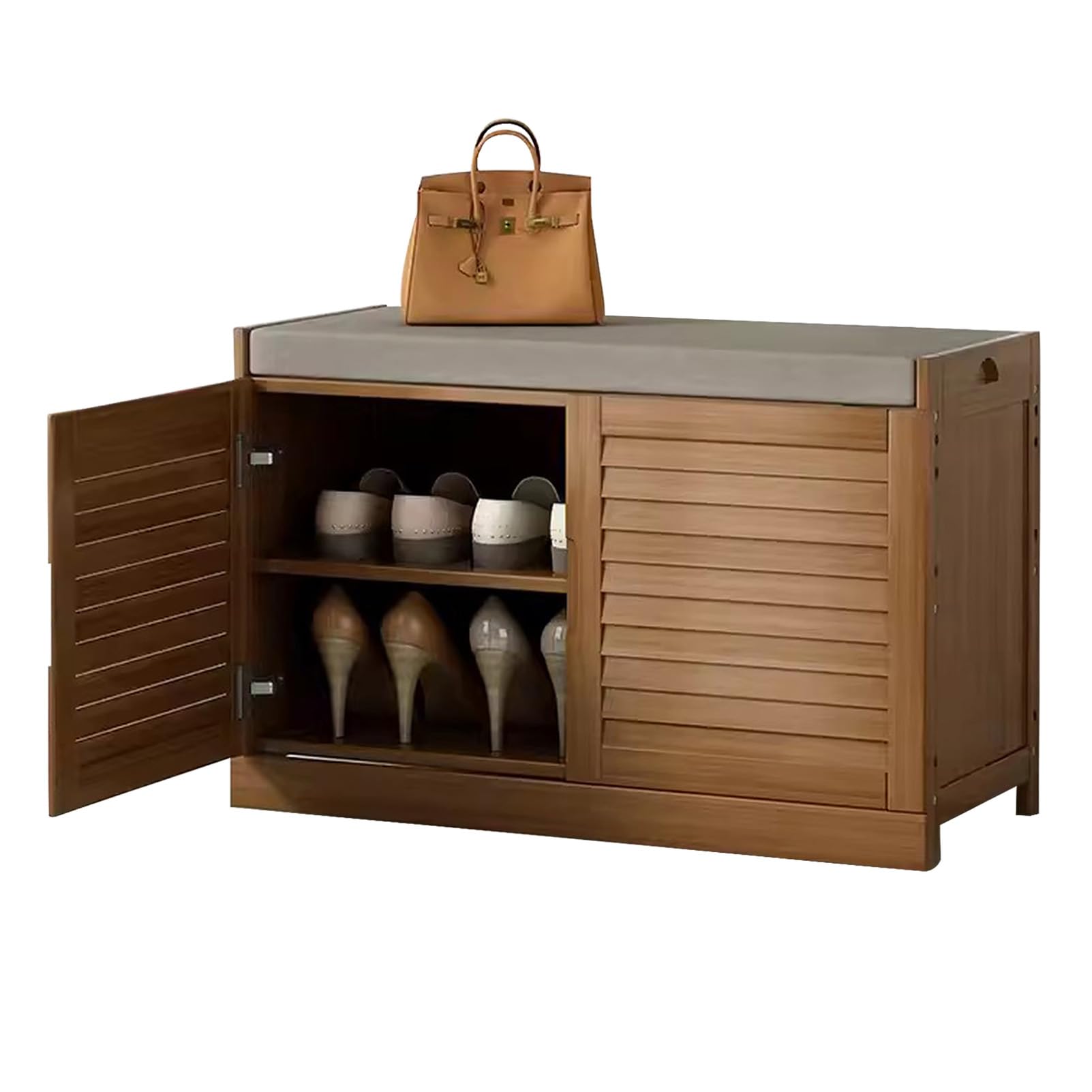 Zapatero de madera independiente con puertas y asiento, elegante pasillo para zapatos, solución de almacenamiento de entrada, diseño que ahorra espacio, decoración moderna del hogar