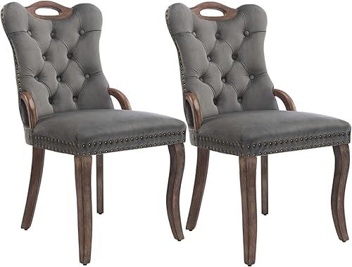 Miniatura 29 de Juego de 4 sillas de comedor de terciopelo beige, sillas tapizadas modernas para comedor con respaldo capitoné y acentos de madera, patas curvas de