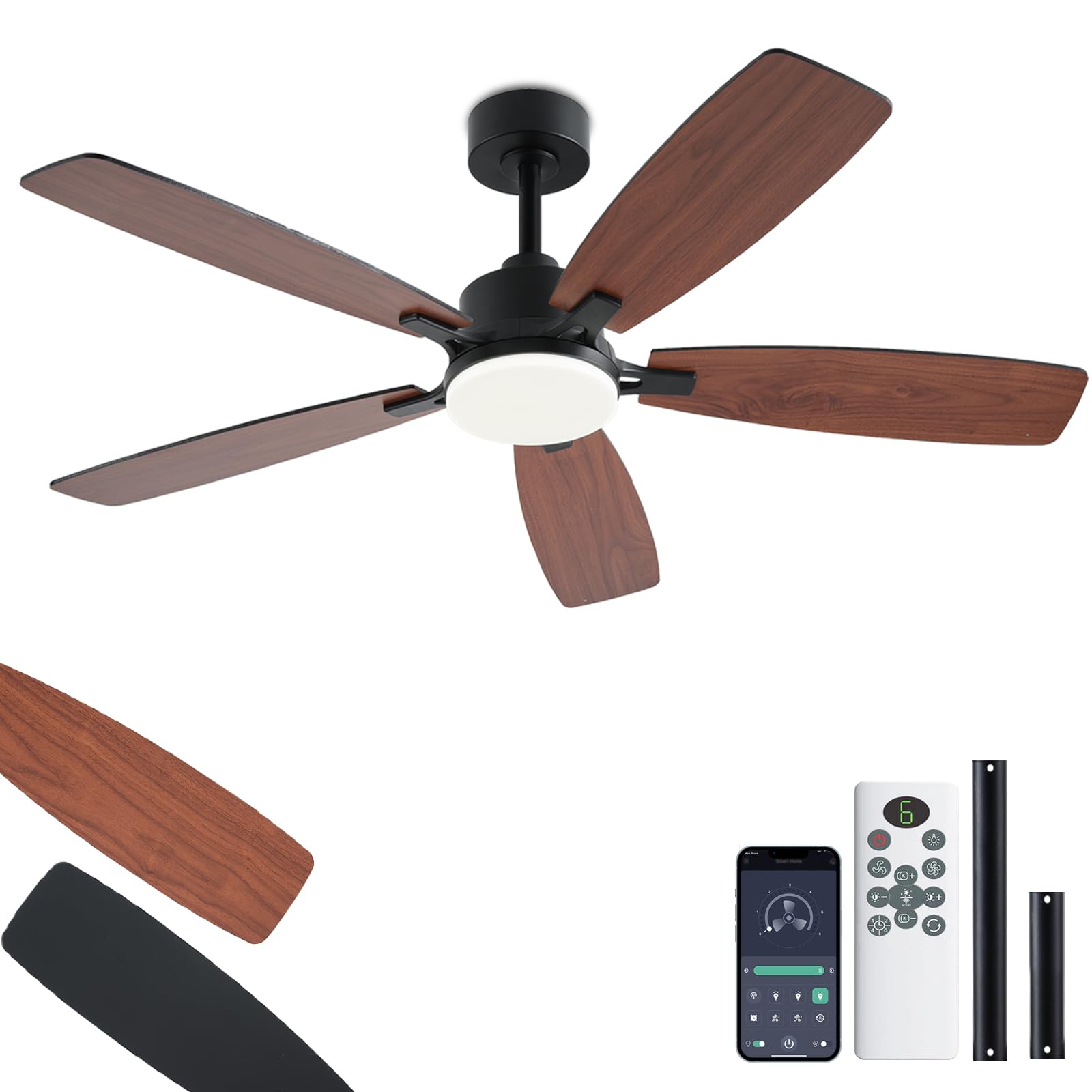 NKPU 52inch Ceiling Fans with Lights, Low Profile Ceiling Fan with Light and Remote/App Control, 2 Downrods, DC Reversible Motor, Noiseless, Dimmable