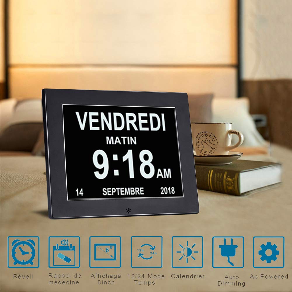 SENXINGYAN Reloj Digital de 8 Pulgadas con Calendario, con Fecha y Hora, Reloj no abreviado automático, 8 lenguas HD, Pantalla para Alzheimer a Personas Mayores y niños
