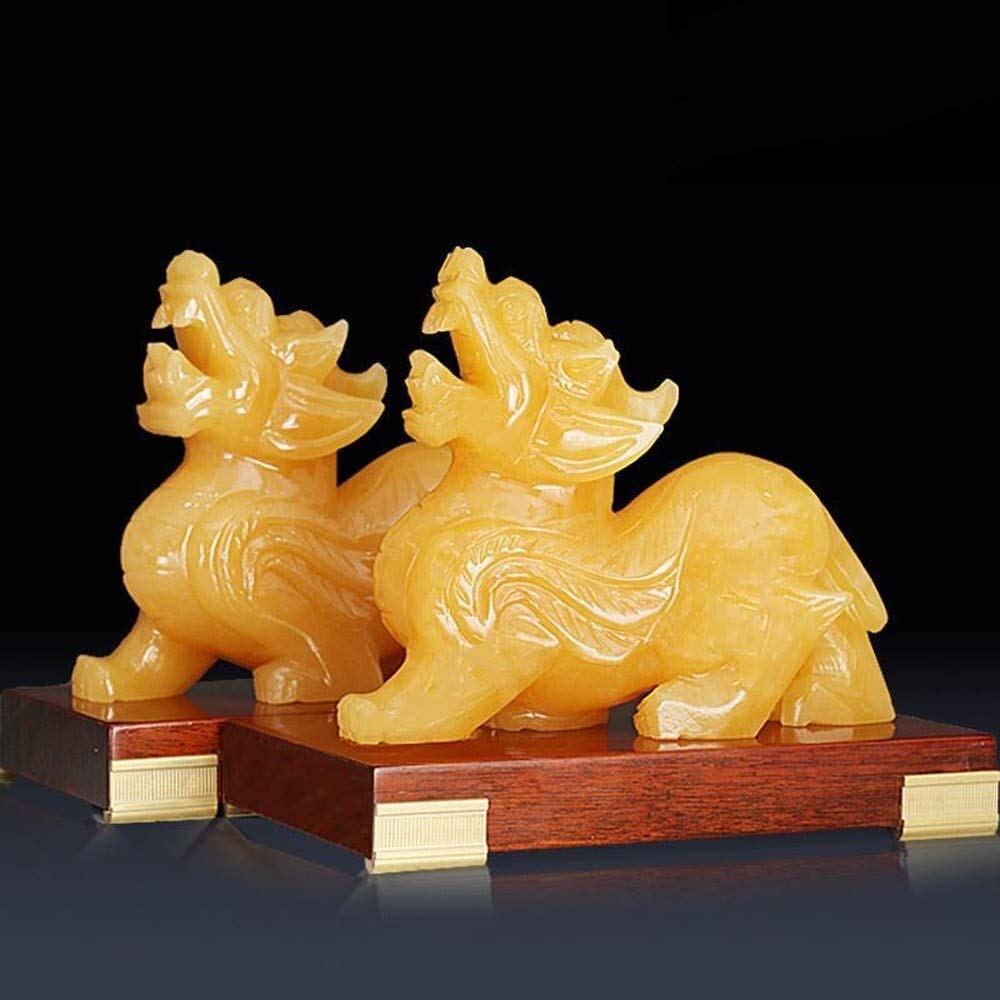 Una Coppia di Statue Cinesi Feng Shui PiXiu/PiYao attirano ricchezza e buona Fortuna Decorazione in Giada Gialla Prosperità Figurine Casa e Ufficio 0904