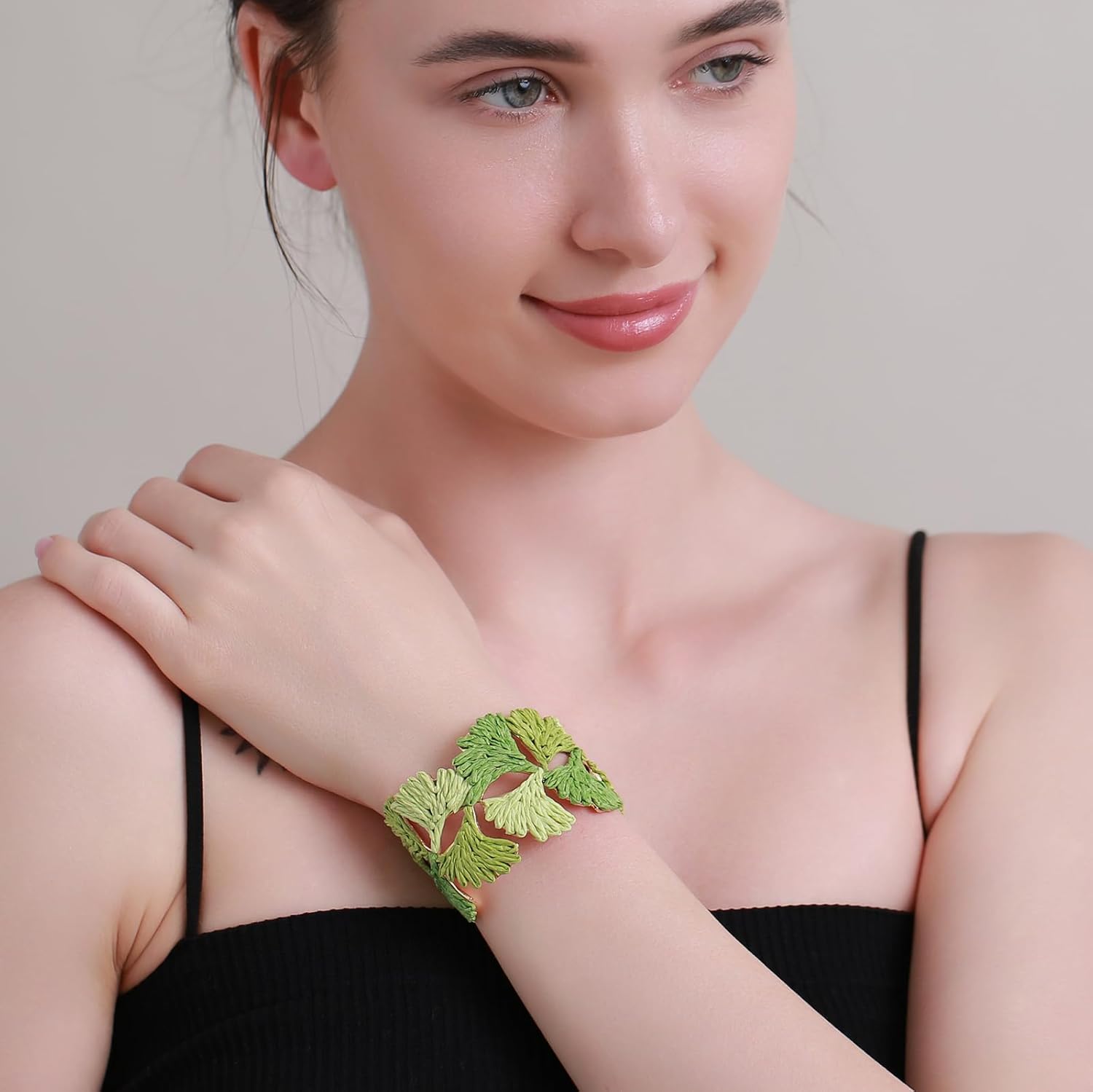 Women's Raffia Cuff Bracelet with Ginkgo Leaf, Handmade Summer Beach Jewelry, Vibrant Gradient Colors, Adjustable Open Cuff Design - Image 2