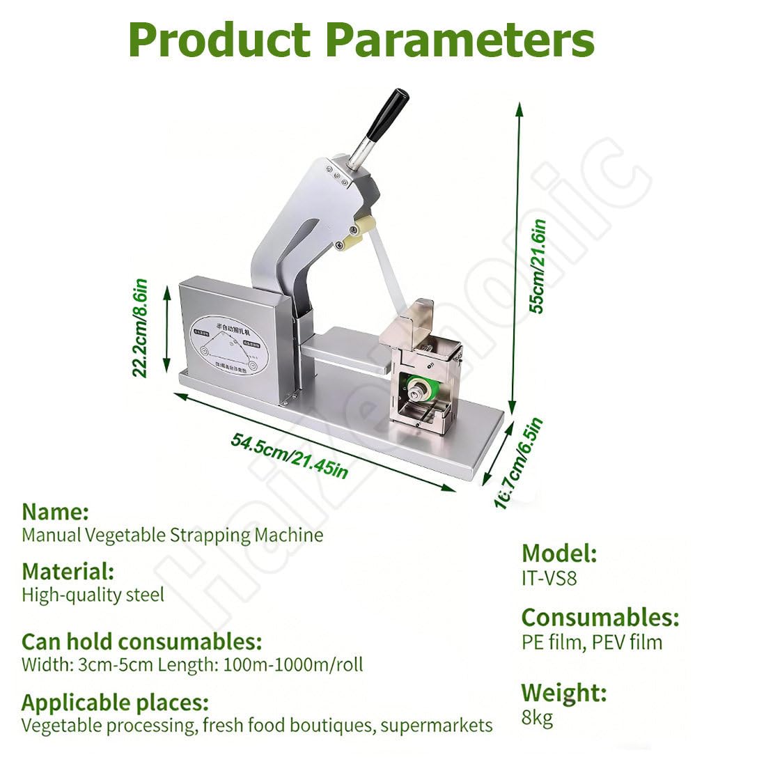 Máquina de atado de verduras y frutas con múltiples agujeros de posicionamiento y función de elevación para un fácil embalaje