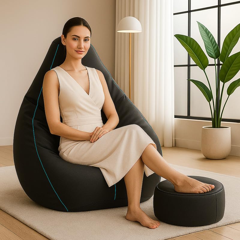 Image of Biggie Bean Bag Chair 4XL with Beans Filled-3D Zen Piping- Bean Bag with 3D Piping-Crafted for Comfort-Styled for Elegance with Free Cushion & Footrest (Matching Color : Piping, Black Teal)