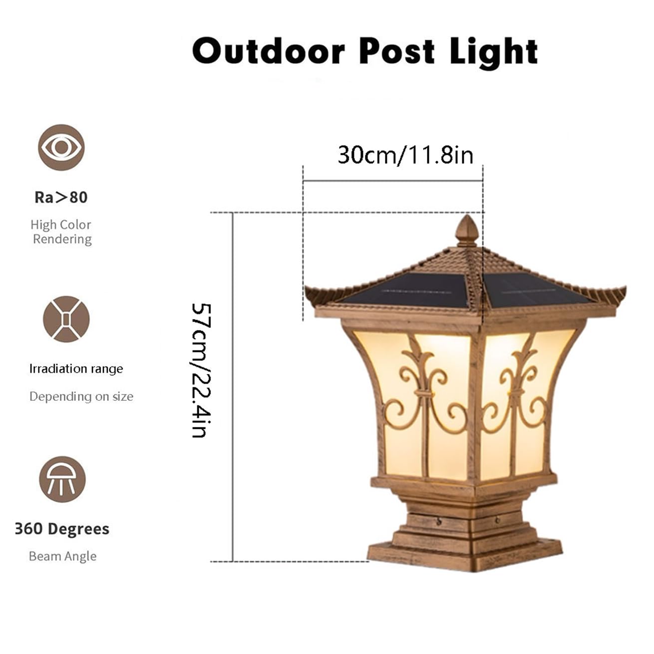 Duża solarna lampa podłogowa LED w kształcie kolumny, brązowy aluminiowy klosz i akrylowe lampiony w stylu vintage, idealna do ogrodów, tarasów i chodników (1 sztuka)