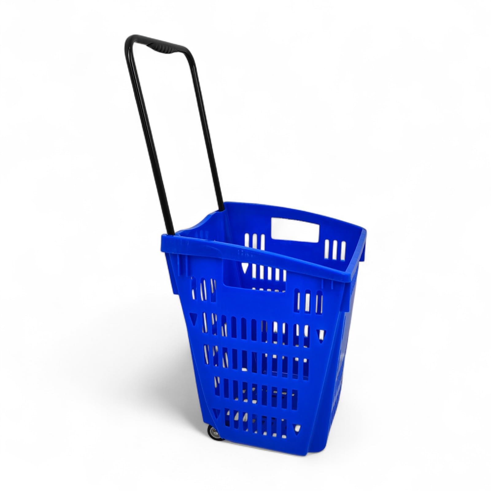 Shoplines Supplies Blue 52 Litre Plastic Shopping Basket With Wheels & Telescopic Handle – Wheeled Trolley Basket For Supermarkets, Grocery & Retail Stores – Durable, Stackable Design