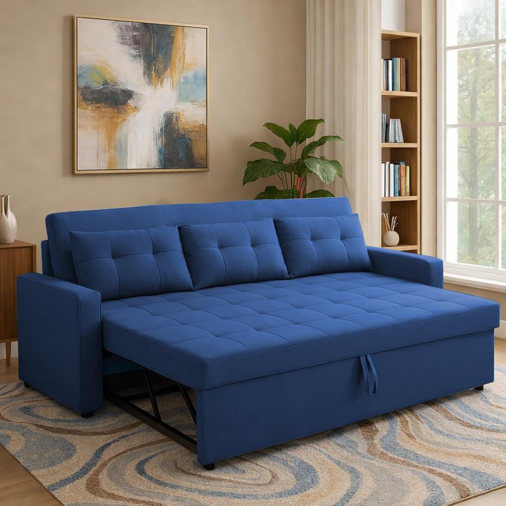 Casaliving Treshta 3 Seater Pull-Out Premium Fabric Sofa Cum Bed Sofa Set for Living Room (Blue Fabric Color) Premium Fabric Sofa Set for Living Room Sofa Cum Bed