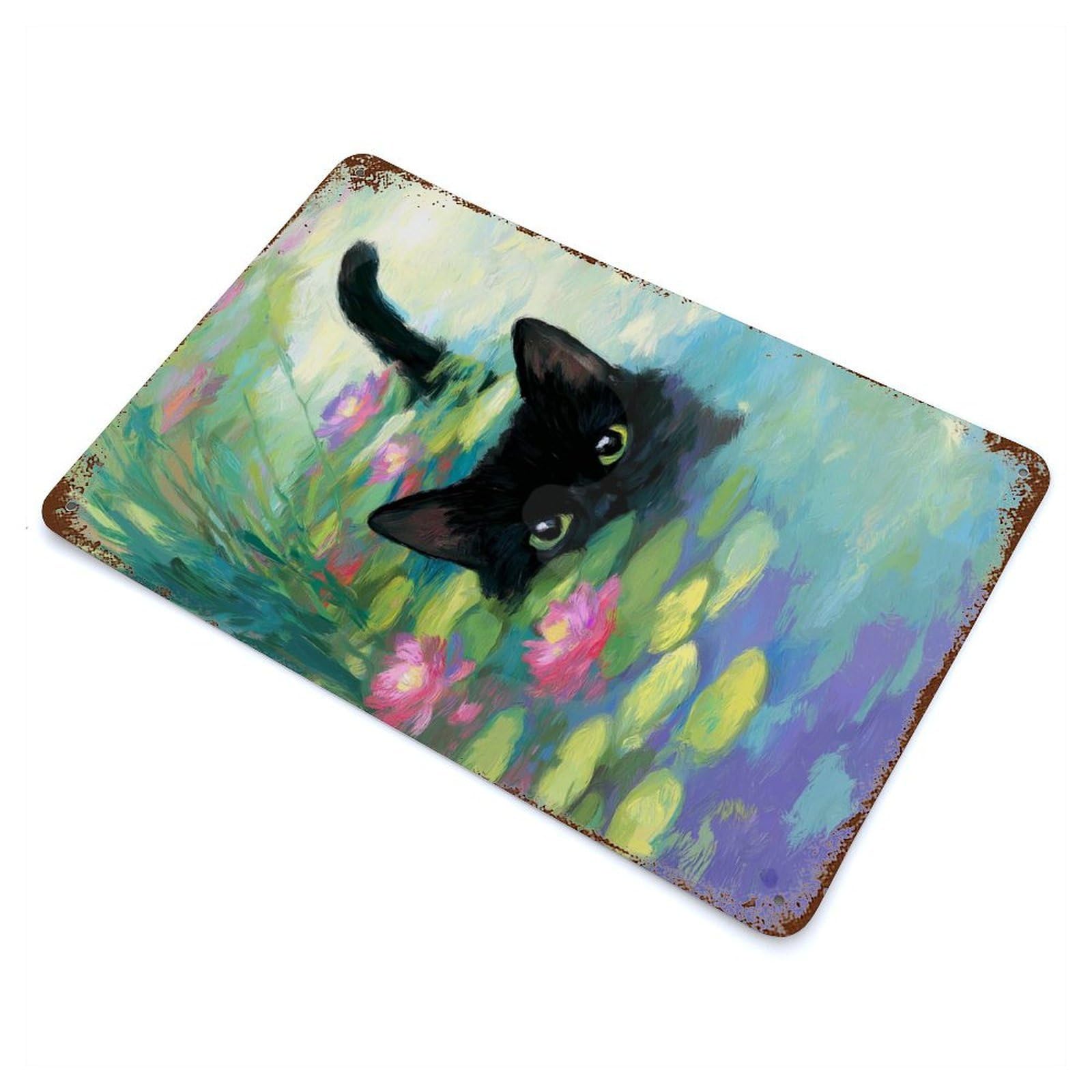 Black Cat in Lily Pond Painting Rusty Metal Tin Sign 11.8"x7.9", for Pub, Kitchen And Man Cave Decor, Farmhouse Wall Decor