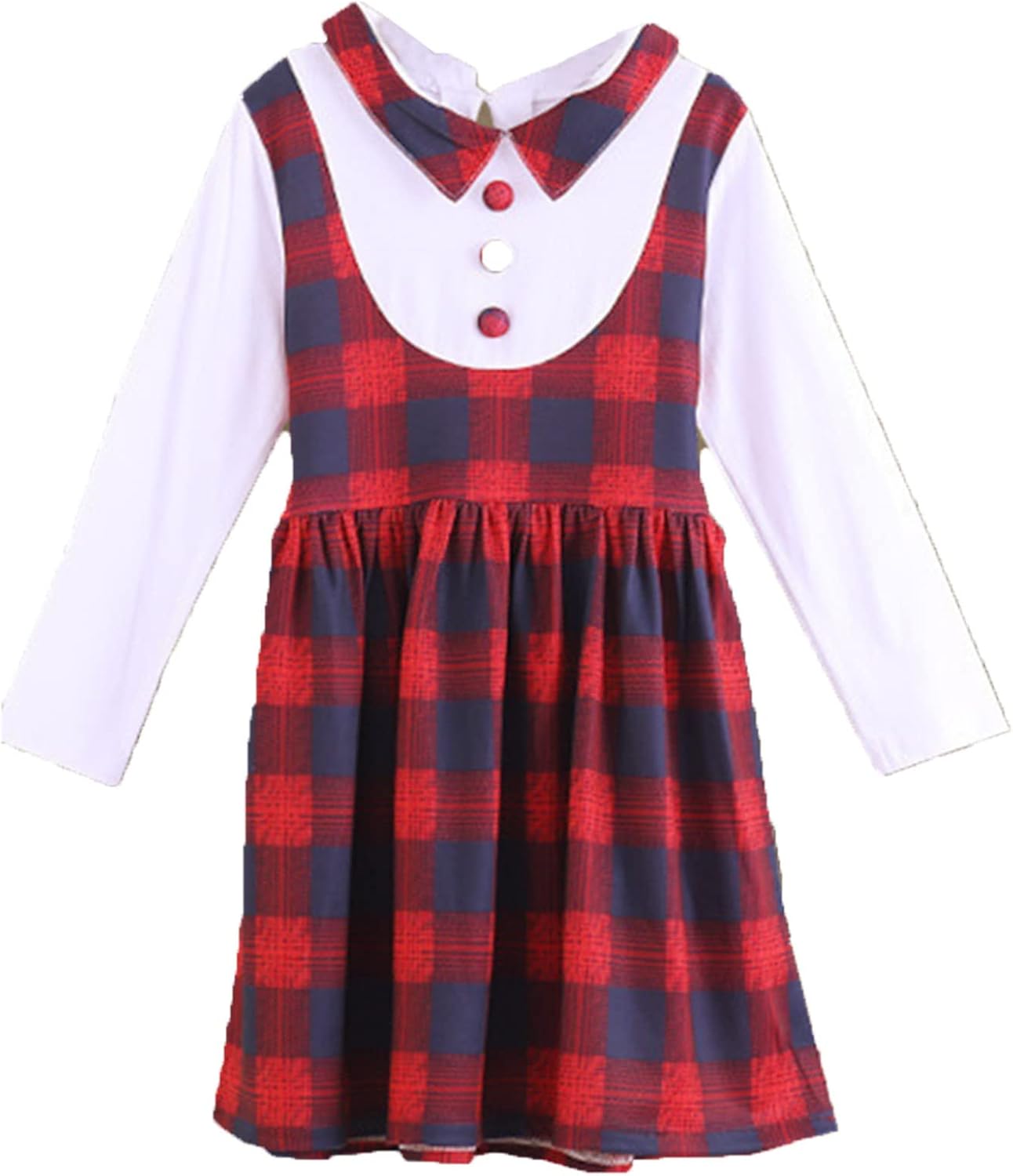 Freebily Kids Girls Long Sleeve Plaid Print Tunic Dress Students Back to School Uniform Jumper Dress Casual Wear