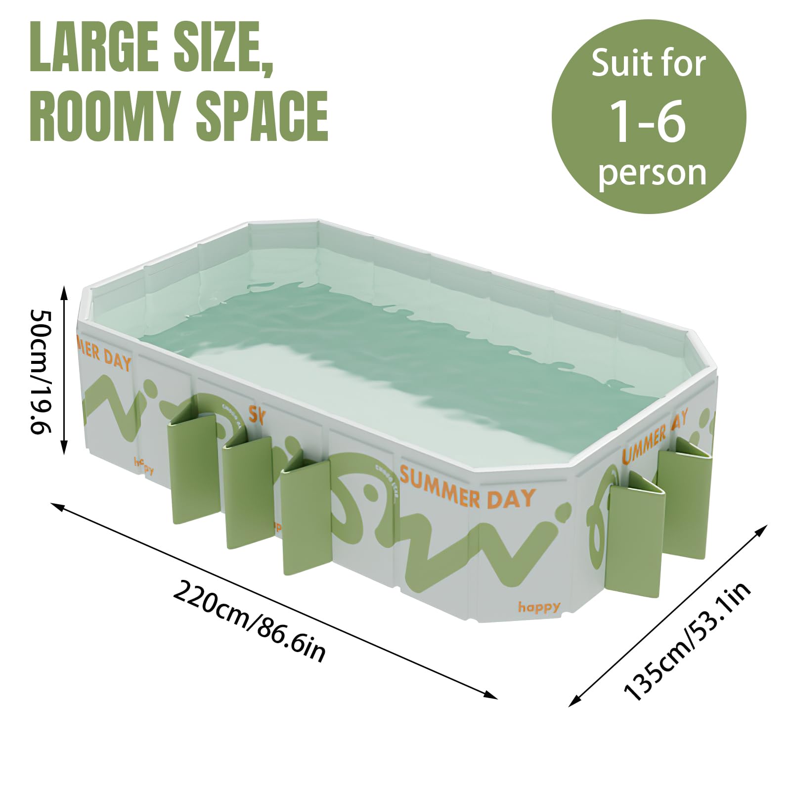 Faltbarer Pool 220x135x50cm - Großes Planschbecken für Kinder & Erwachsene, Tragbares Kinderpool mit Doppelabfluss, Platzsparend und Leicht zu Reinigen, Ideal für Garten, Terrasse, Strand & Sommerpart