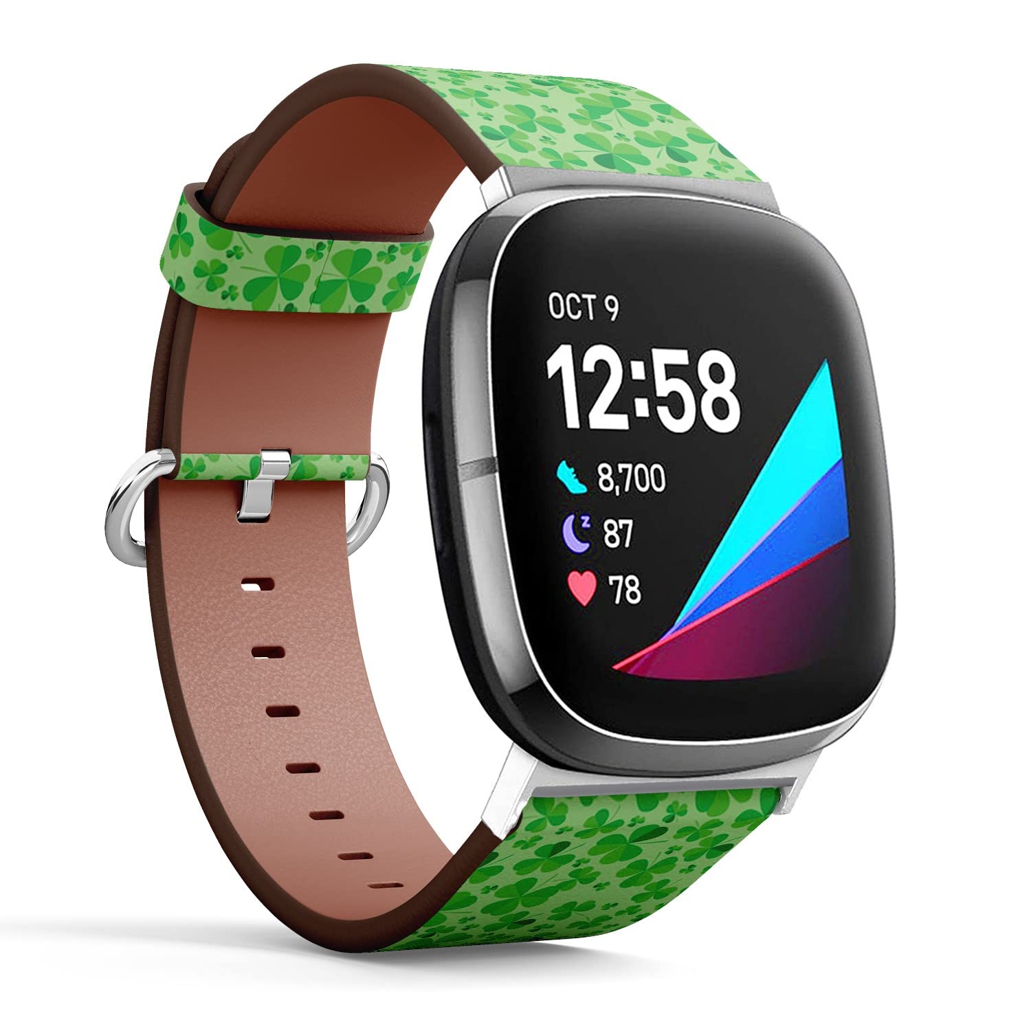 CJBROES Replacement Leather Watch Band, Compatible with Fitbit Versa 3 and Fitbit Sense of Wristband Bracelet Accessory - Patrick Clover Bright
