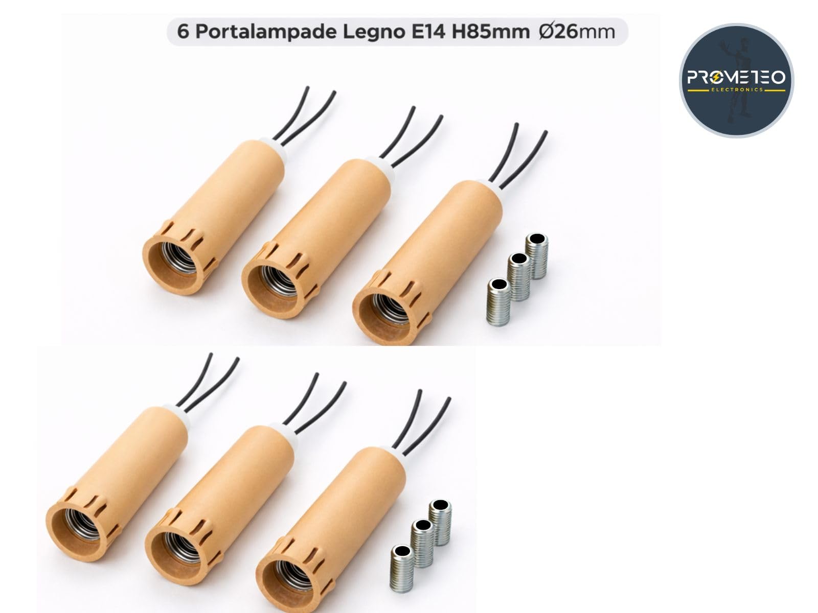 Kit 6 Portalampade E14 Candela in Legno Antichizzato 85mm con Barre Filettate M10 – Ricambi per Lampadari, Candelabri e Applique Vintage
