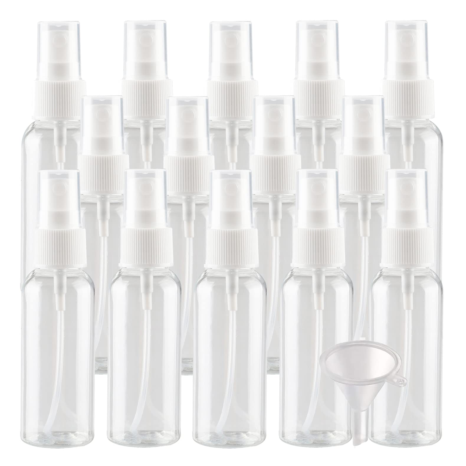 50 Stück Leer Klein 50ml Transparent Plastik PET Sprühflasche Reise Zerstäuber mit Weiß Sprühkopf Nebel Reiseflaschen Parfümzerstäuber für Kosmetik Parfüm mit 4X Trichter