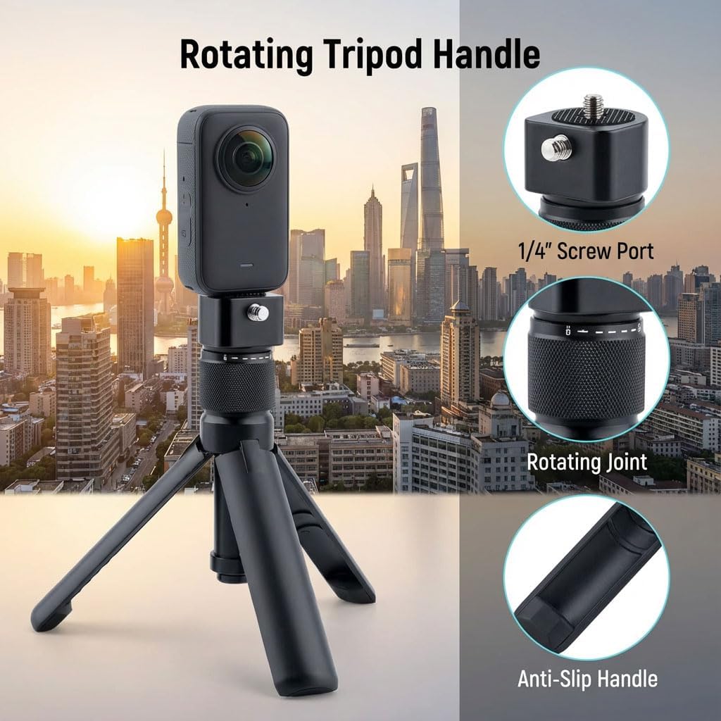 Bullet Time Rotating Grip Tripod for Insta360 X5/X4/X3, DJI OSMO Pocket 3, GoPro - 360° Rotating Handle, 1/4" Thread, 6LBS Load, Compact Selfie Stick & Tabletop Tripod