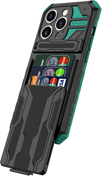 for iPhone 14 Pro Wallet Case with Credit Card Holder- Green | Stand Kickstand Slim Rugged Shockproof Heavy Duty Defender Armor Military Grade Protective Phone Case