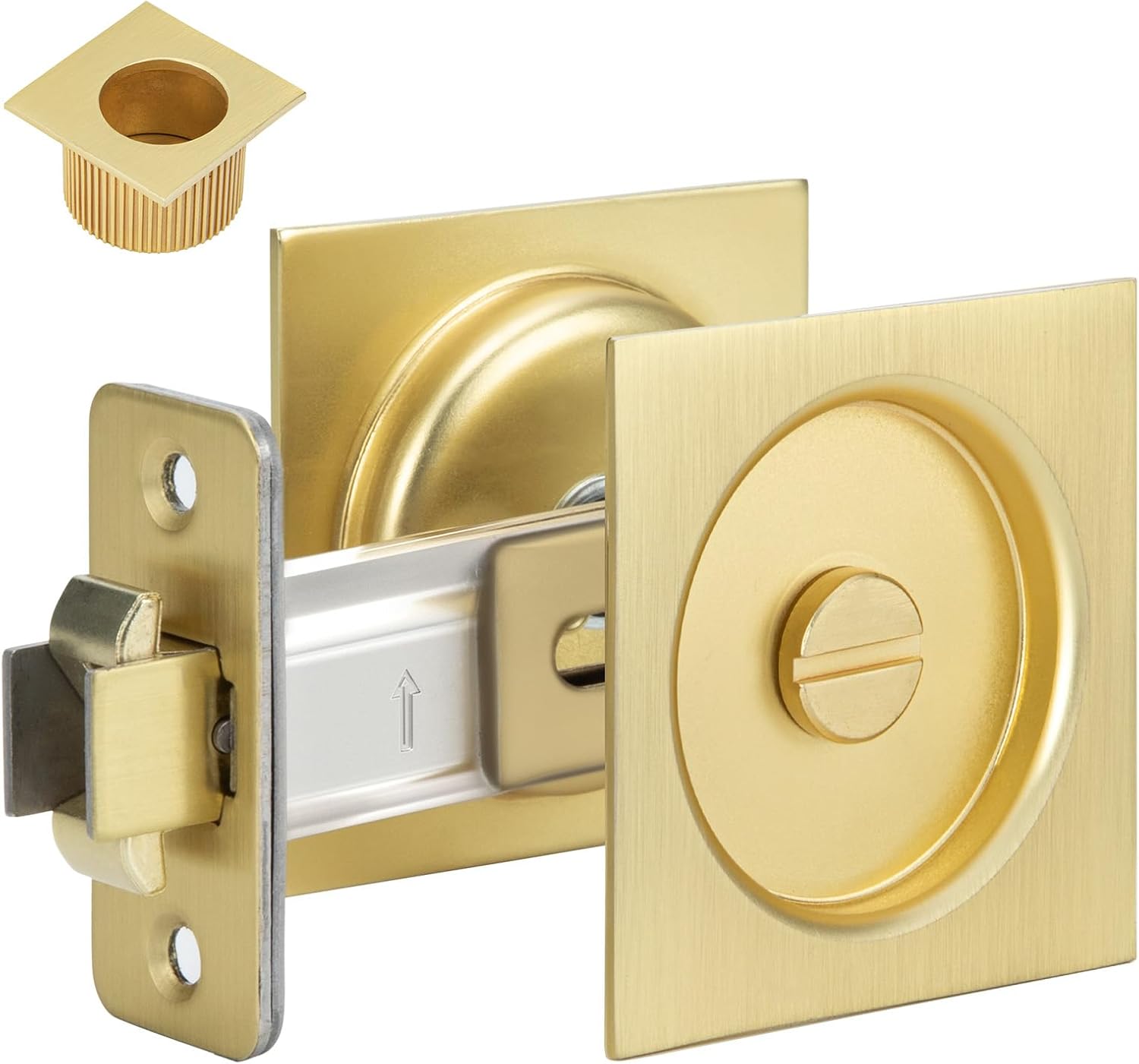 goldenwarm Brushed Gold Pocket Door Lock with Pull, Square Pocket Door Hardware 2-3/8" Backset, Gold Pocket Door Handles 1 Pack