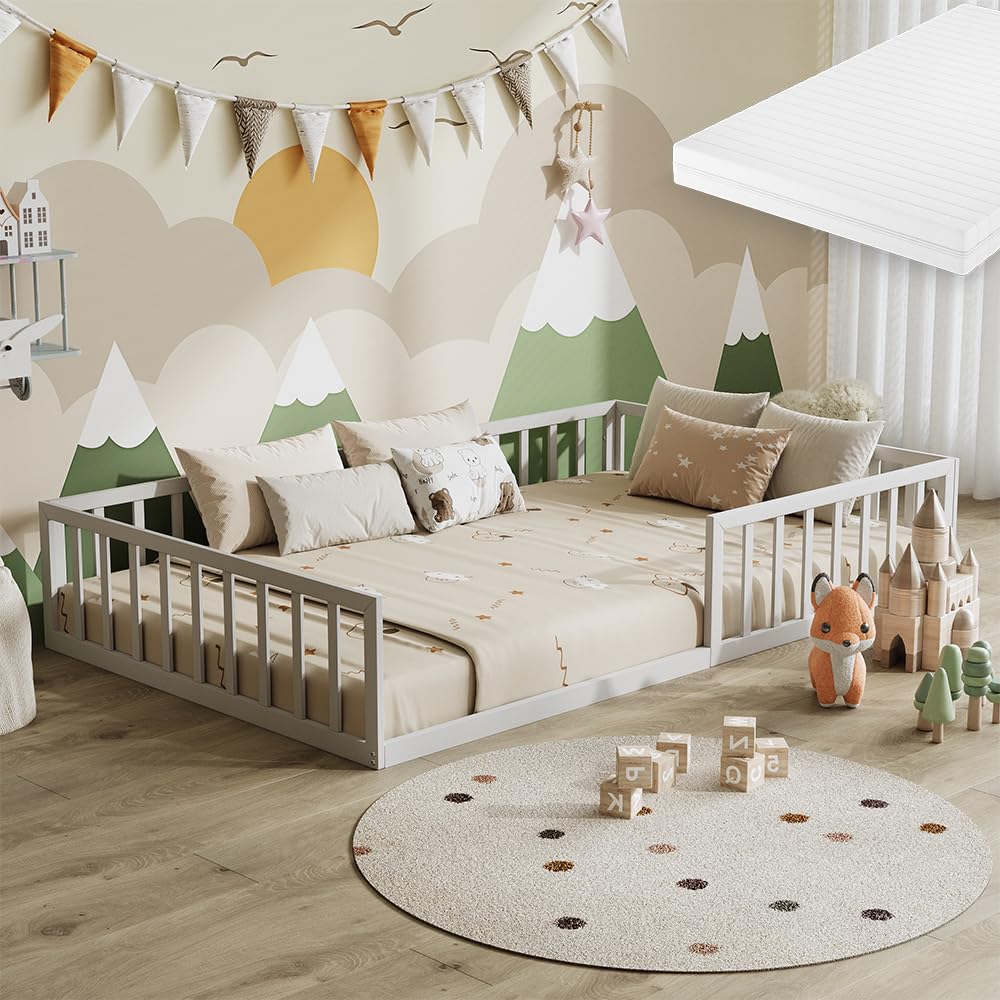 VitaliSpa Cama Baja Minno 120x200 cm, Cama Infantil Montessori de Metal con Barrera de Seguridad y colchón, Blanco