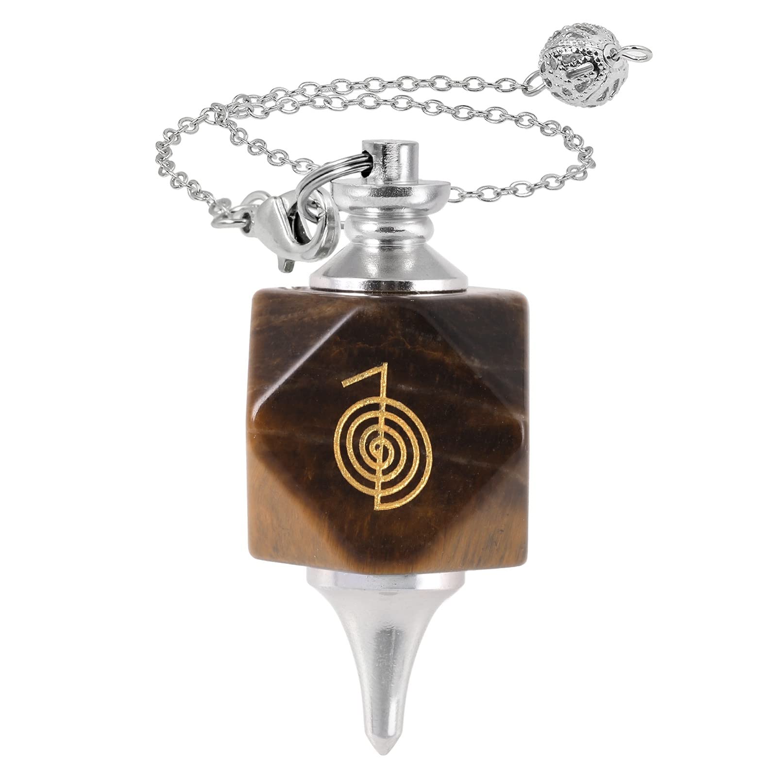 Mookaitedecor - Péndulo de cristal natural con símbolo Reiki para radiestesia y adivinación, péndulo poliédrico de piedra de cristal Reiki con cadena para meditación y herramienta Wicca, ojo de tigre