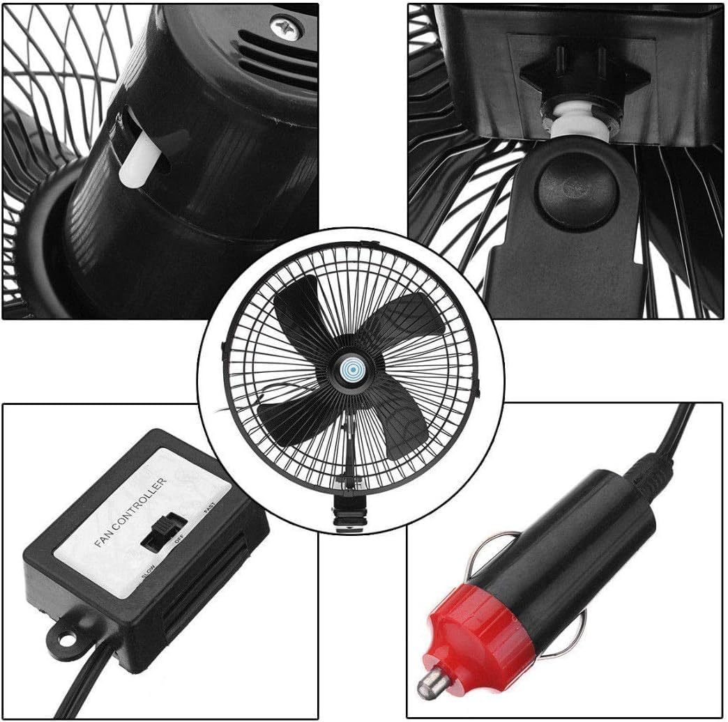 MACHSWON 12V Dashboard Electric Vehicle Car Van Truck Boat Clip-On Fan 2 Speed Airflow 10" 12V CLIP ON CAR OSCILLATING FAN 2M CABLE SPEED CONTROLLER TRUCK VAN COOLING
