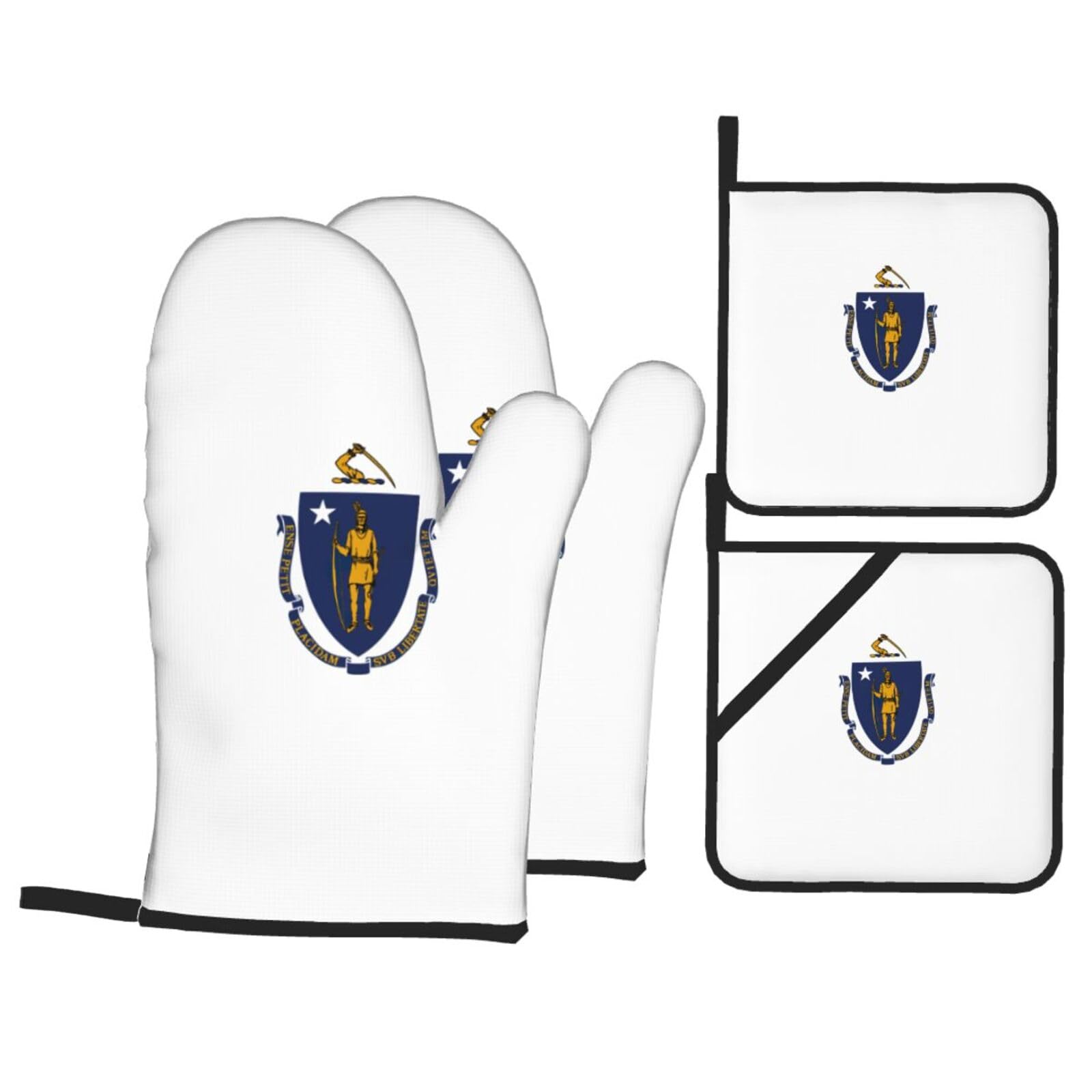 Massachusetts State Flag Print 4-Piece Oven Microwaving Set Waterproof Kitchen Gloves for Baking Grilling Cooking