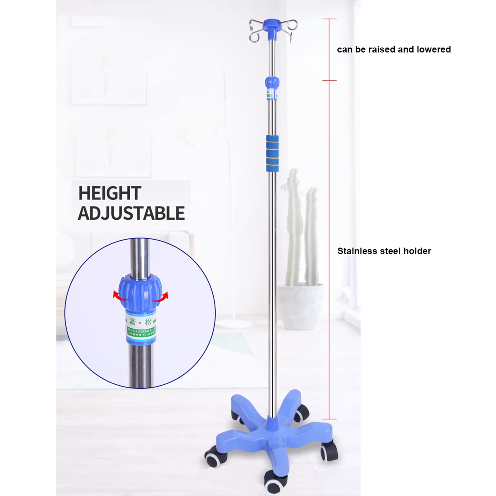 Soporte para infusión con Soporte para suero intravenoso, de Acero Inoxidable, con Altura Ajustable y 4 Ganchos.