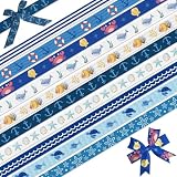 NUVCELKA Ocean Ribbon 10 Pack - 30 Yards Nautical Beach Ribbons Set, 3/8 Inch Summer Marine Anchor Whale Grosgrain for Crafts Bows Navy Blue Sea Theme Party Decorations