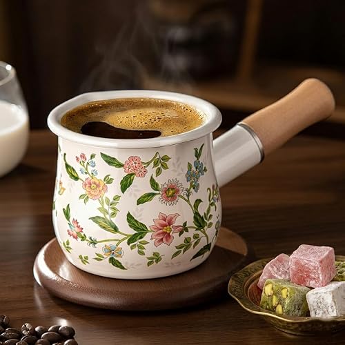 Turkish Coffee Pot, 15 oz Enamel Coffee Pot with Wooden Handle, Enamel Milk Pot for Heating Milk, Butter Warmer, Greek Coffee Maker, Mini Saucepan for Coffee, Sauce & Soup