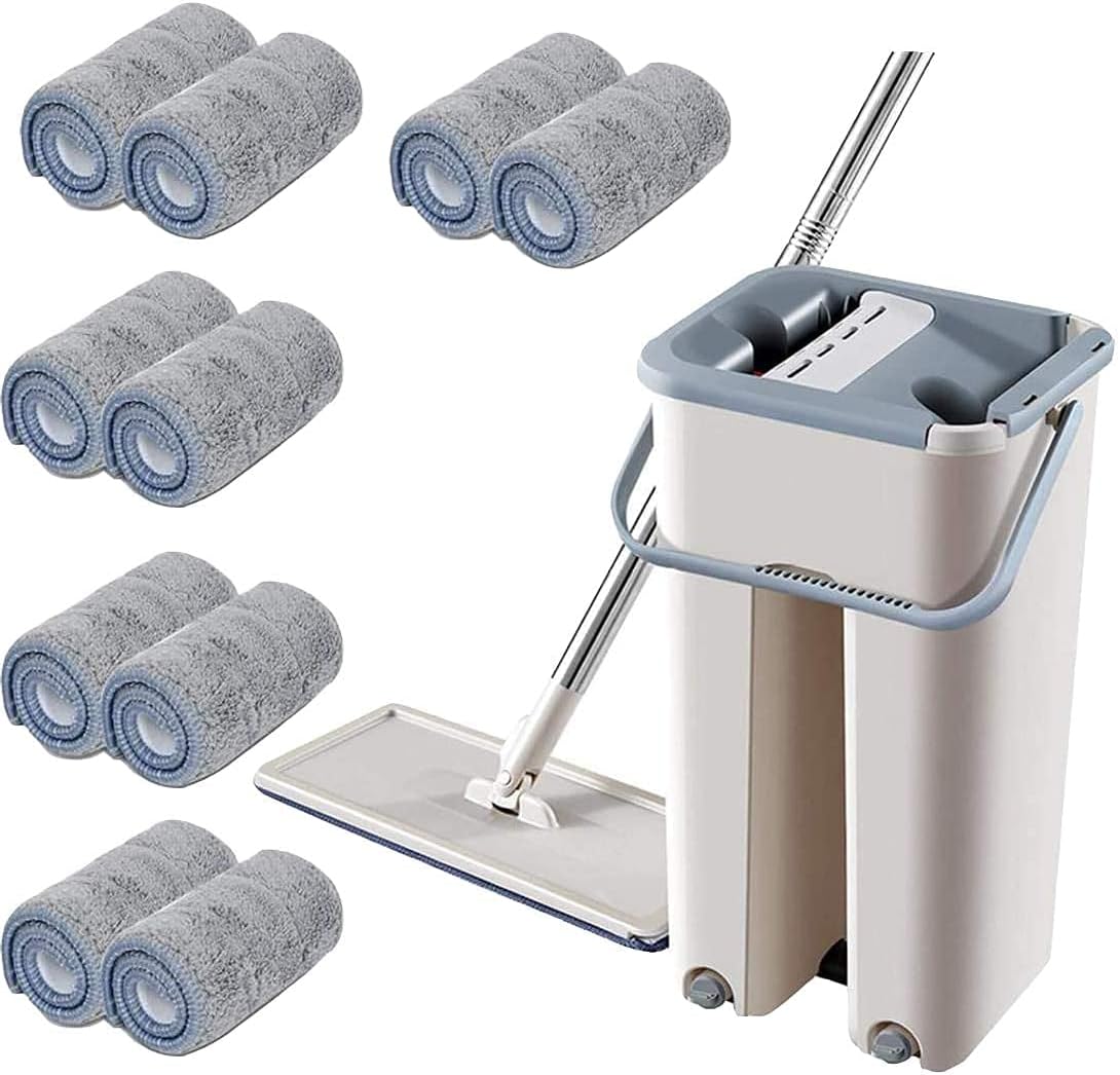 Youqin Home Foldable Flat Mop and Bucket Set with 10 Squeegee Mop Pads Wash and Dry Mop Cleaning System Floor Cleaner Flat Mop for Wooden Floor Laminate Tiles Stone Floors (Style 1)