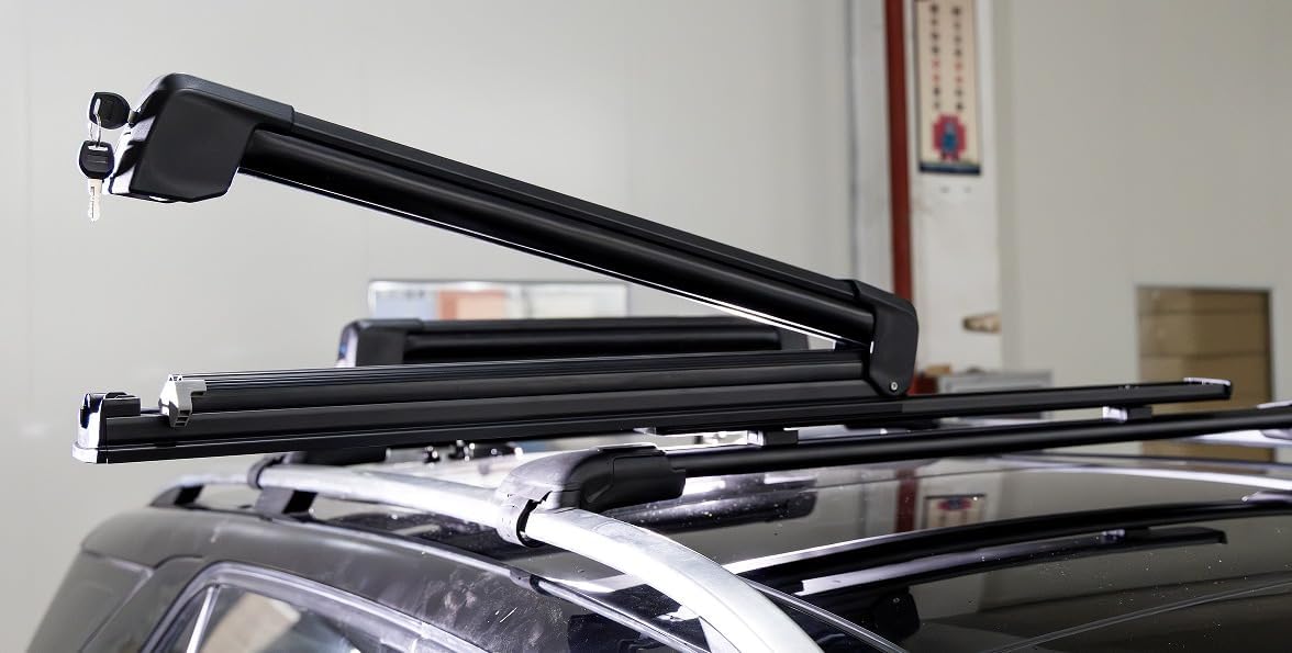 Sliding Car Roof Ski Rack, Universal U-Bolt Mount, 5 Ski/2 Snowboard Capacity, Aluminum, Black